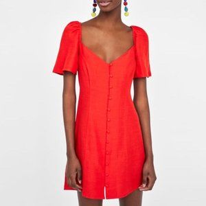 Zara Red Button Down Puff Sleeve Dress Size XS